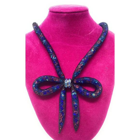 Betsey Johnson Multi Crystals Gem Stone Filled Mesh Ribbon Bow Collar Necklace - Picture 1 of 4
